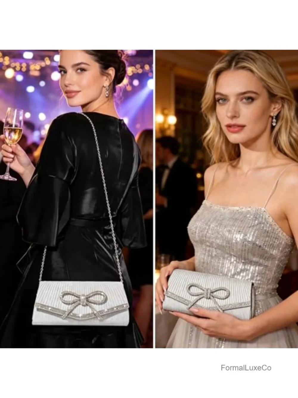 Glitter Bow Clutch Evening Bag with Rhinestone Accents Detachable Chain Strap